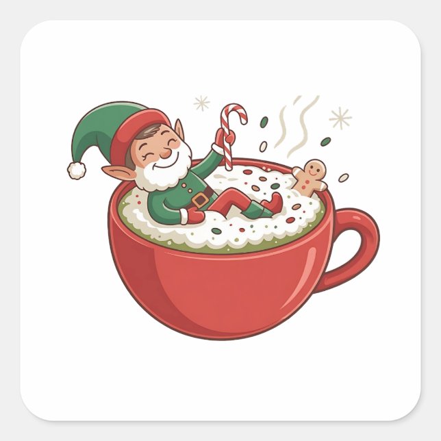 Adesivo Quadrado Elf Engraçado Tomando Bathub com Matcha Beber (Frente)