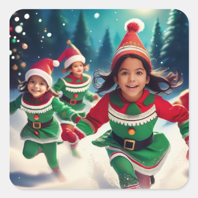 Adesivo Quadrado Elf Kids Running in the Snow (Frente)