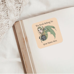 Adesivo Quadrado Elf Warrior Dragon Fantasy Bookplate