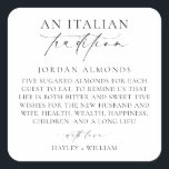 Adesivo Quadrado Ellesmere Uma Tradição Italiana Sugeriu Amêndoas<br><div class="desc">Estas amêndoas açucaradas de bonecos de casamento apresentam um design minimalista e um título de caligrafia. Personalize as marcas com seus nomes, o cabeçalho do script não é editável. Esses adesivos de favor podem ser usados para casamentos, chás de panela, chás de fraldas, aniversários ou qualquer outro evento. Para personalização...</div>