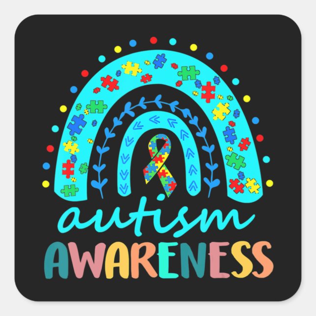 Adesivo Quadrado Em abril Vestimos Blue Autism Rainbow Awarness Mon (Frente)