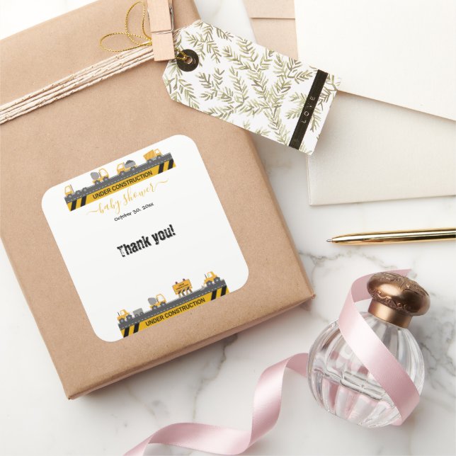 Adesivo Quadrado Em Construção, Chá de fraldas Bulldozer (Presentear)