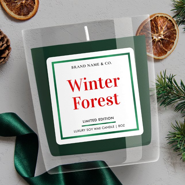 Adesivo Quadrado Embalagem de Velas de Natal Elegante de Férias Mod (Minimal Christmas product labels with faux green foil and red typography )
