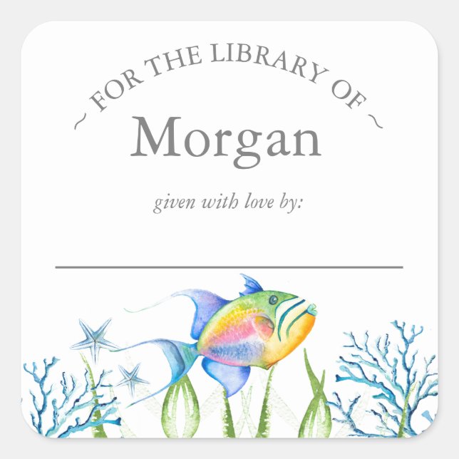 Adesivo Quadrado Embarcação de Peixes Tropicais de Aquarela (Frente)