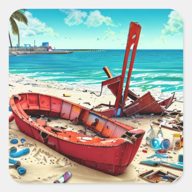 Adesivo Quadrado Embarcações, Garrafas e destroços velhos desertado (Frente)