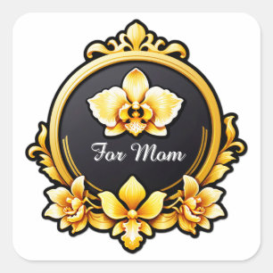 Adesivo Quadrado Emblema Elegante de Moldura Dourada com Orquídea B