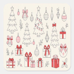Adesivo Quadrado Embrulho de Árvore de Natal com Laço Coquette Mini