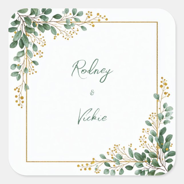 Adesivo Quadrado Emerald Eucalyptus Gold Berry Frame Wedding (Frente)