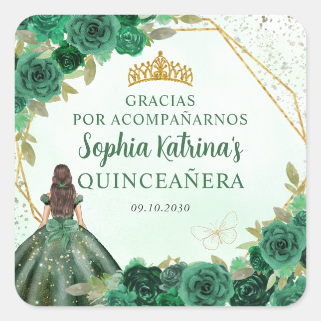 Adesivo Quadrado Emerald Green Dourada Princesa Floral Tiara Obriga (Frente)