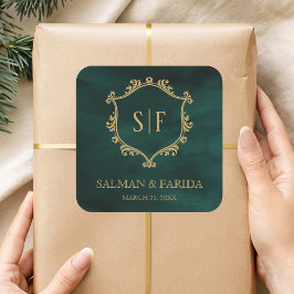 Adesivo Quadrado Emerald Green Dourado Crest Monograma Weding Favor
