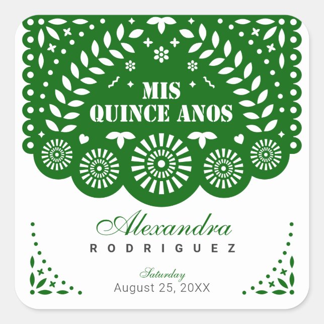 Adesivo Quadrado Emerald Green Papel Picado Mis Quince Años (Frente)