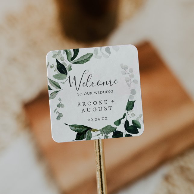 Adesivo Quadrado Emerald Greenery Wedding Welcome (Criador carregado)