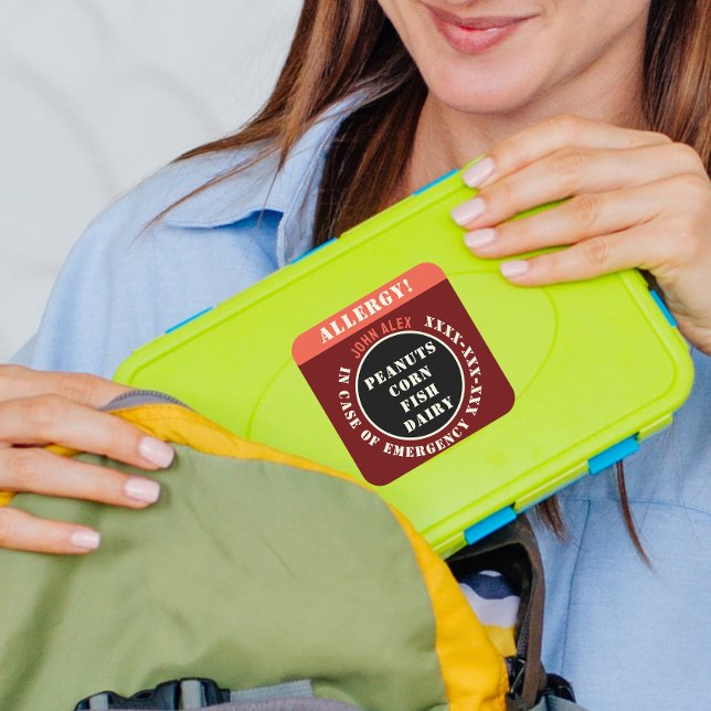 Adesivo Quadrado Emergência de Alerta de Alergia Vermelha Personali (Criador carregado)