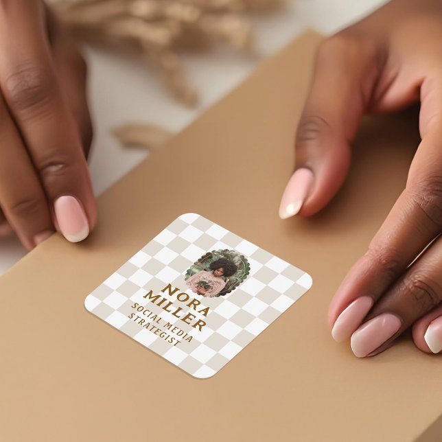 Adesivo Quadrado Empresa de Fotografias com Padrão Verificado no Mo (Modern Boho Checkered Pattern Photo Business Square Sticker)