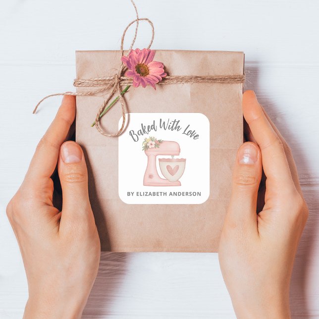 Adesivo Quadrado Empresa de pastelaria de misturas de bolos cor-de- (A cute pink mixer bakery business sticker. Personalize it with your name.)