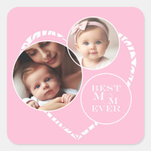 Adesivo Quadrado Encantador e Elegante Coração Rosa e Branco de 3 F