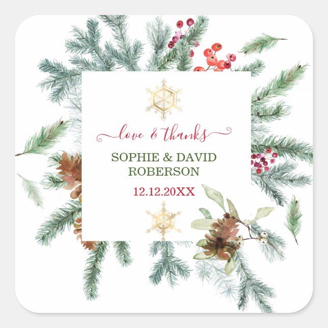 Adesivo Quadrado Encantador Férias de Inverno Pinhas Bagas Natal (Frente)