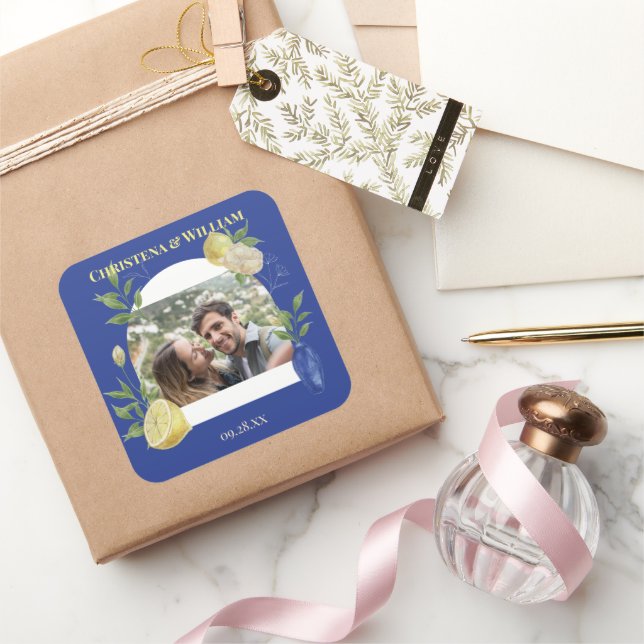 Adesivo Quadrado Enchanted Blue Lemon Blossom Photo Wedding (Presentear)