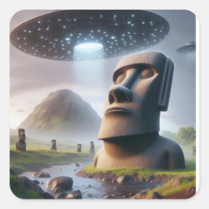 Adesivo Quadrado Encontro antigo: Estatutos de Moai e OVNIs