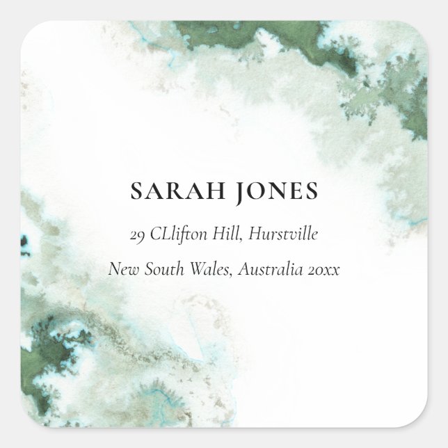 Adesivo Quadrado Endereço de Agate de Prata Aqua Verde Moderno (Frente)