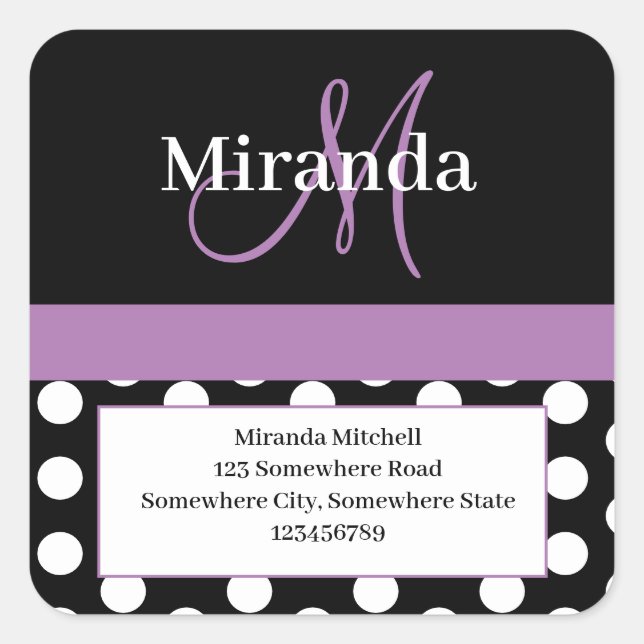 Adesivo Quadrado Endereço de Bolinhas branca do Monograma roxo (Frente)