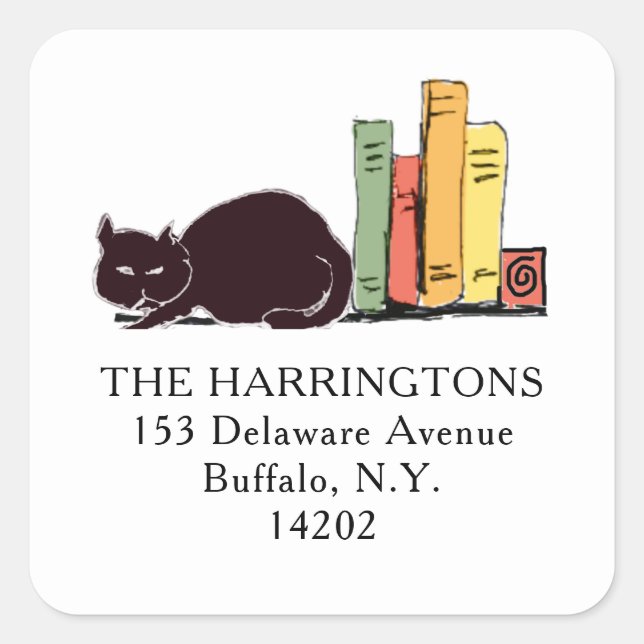 Adesivo Quadrado Endereço de Devolução de Folha de Gato Preto (Frente)