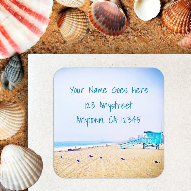 Adesivo Quadrado Endereço de devolução de foto de gaivota de praia  (Criador carregado)