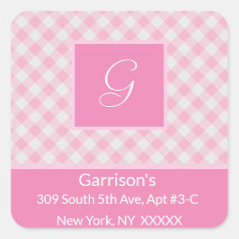 Adesivo Quadrado Endereço de devolução de Xadrez rosa e branca -