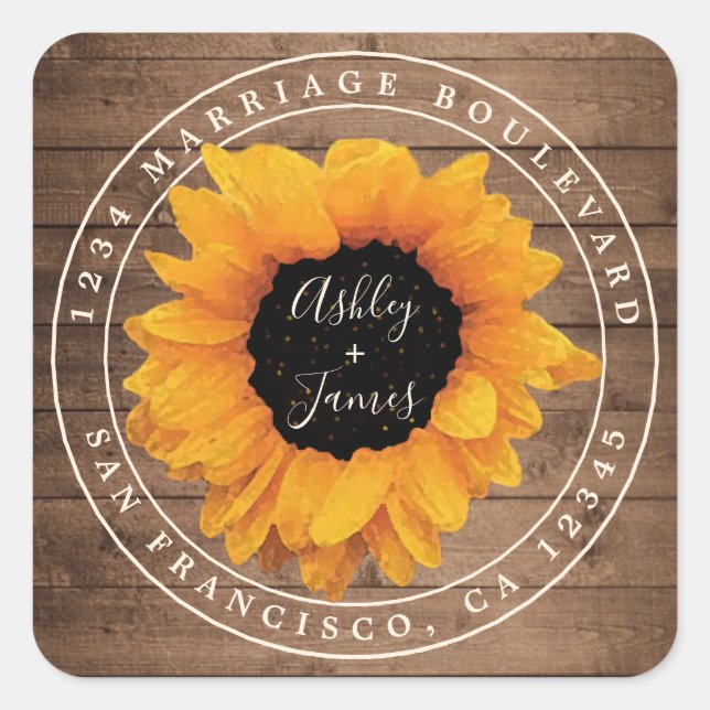 Adesivo Quadrado Endereço de devolução do casamento russo de girass (Frente)