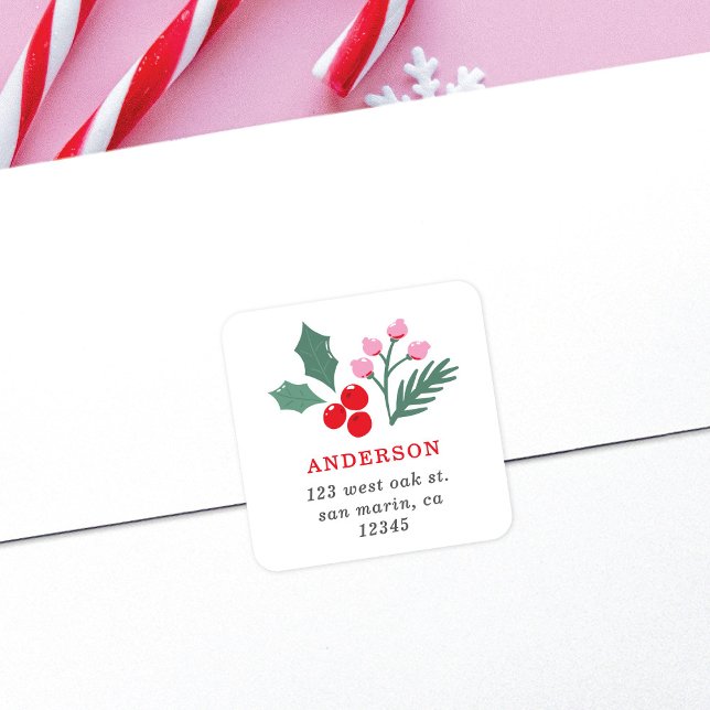 Adesivo Quadrado Endereço de devolução do feriado vermelho-rosa bot (Criador carregado)