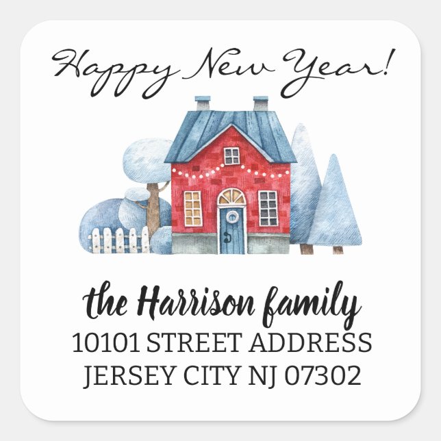 Adesivo Quadrado Endereço de devolução Watercolor Casa de Natal (Frente)