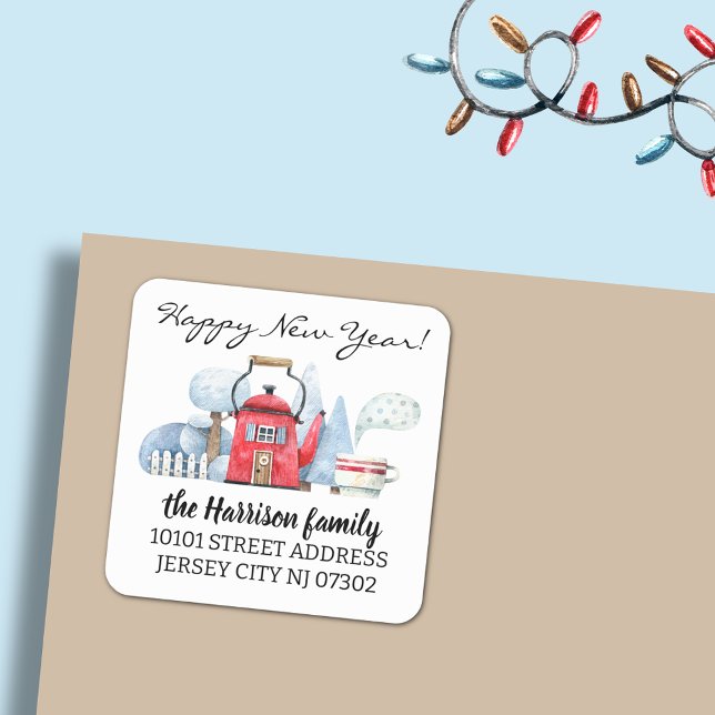 Adesivo Quadrado Endereço de devolução Watercolor Casa de Natal (Criador carregado)