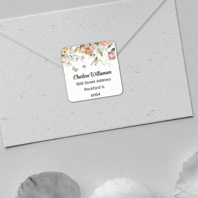 Adesivo Quadrado Endereço de Largura Floral de Aquarela com Vida Es (Criador carregado)