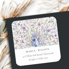 Adesivo Quadrado Endereço de Peacock de Aquarela do Ornamentado de 