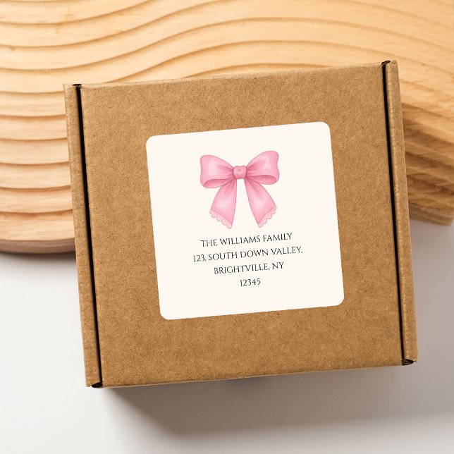 Adesivo Quadrado Endereço de retorno Coquette de Laço Rosa em Aquar (Cute Watercolor Pink Bow Coquette return address Square Sticker)