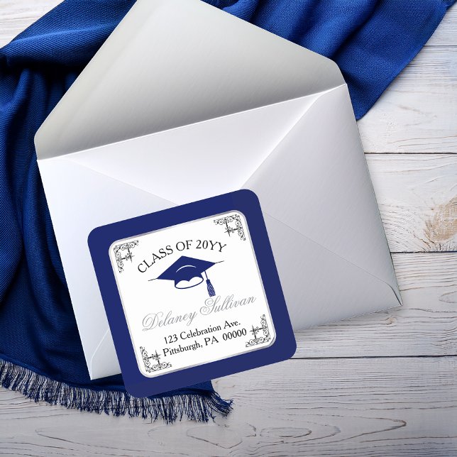 Adesivo Quadrado Endereço de Retorno de Formatura da Faculdade Azul (Elegant Blue and Silver Tone  College | University Graduation Return Address Square Sticker)