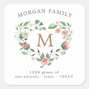 Adesivo Quadrado endereço de retorno do monograma de wreath do cora
