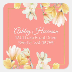 Adesivo Quadrado Endereço de Retorno Floral Coral Dourado do Chic