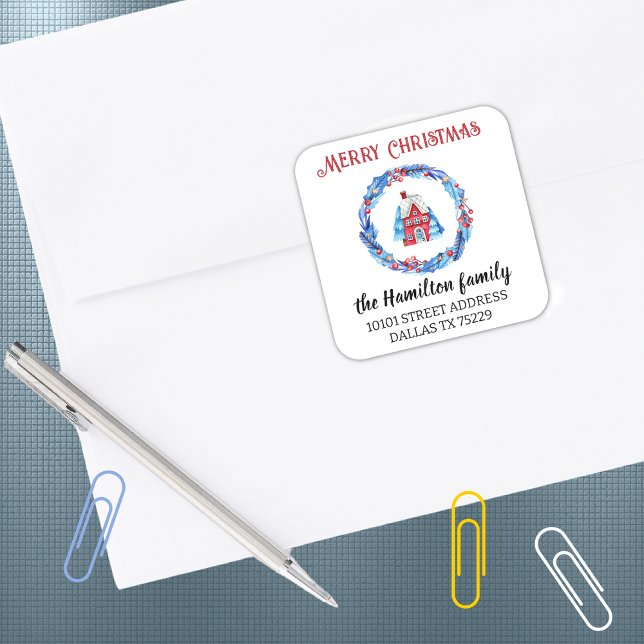 Adesivo Quadrado Endereço de retorno Red House Wreath Feliz Natal (Criador carregado)