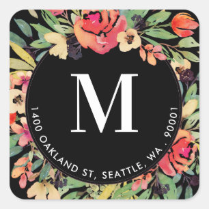 Adesivo Quadrado Endereço do remetente circular floral vermelho