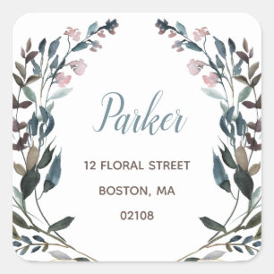 Adesivo Quadrado Endereço do remetente floral azul branco da crist