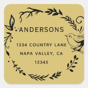 Adesivo Quadrado Endereço Dourado de devolução de pássaro e cor