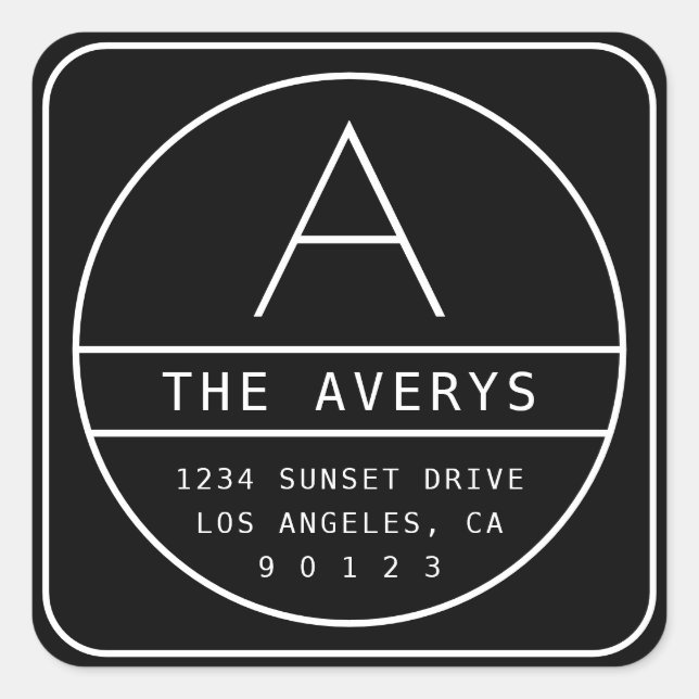 Adesivo Quadrado Endereço e Monograma de Devolução Moderno | Preto  (Frente)