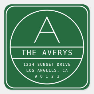 Adesivo Quadrado Endereço e Monograma de Devolução Moderno   Verde