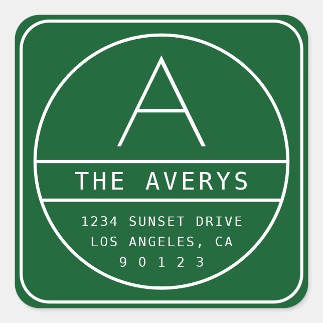 Adesivo Quadrado Endereço e Monograma de Devolução Moderno | Verde (Frente)