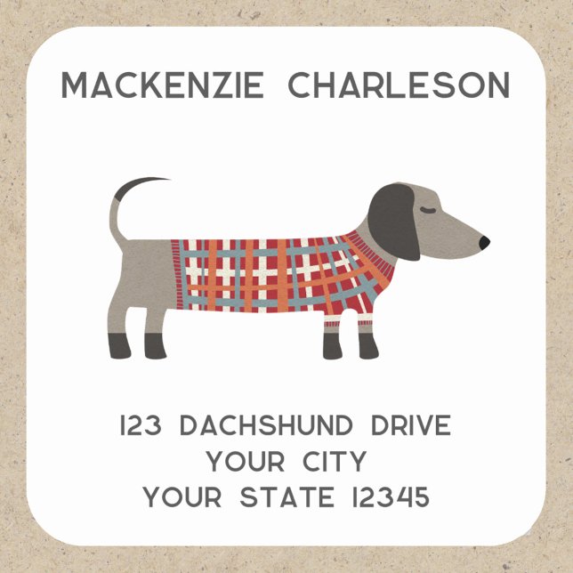 Adesivo Quadrado Endereço Personalizado do Canino de Salsicha do Da (Fun Dachshund Wiener Sausage Dog personalized return address label sticker)