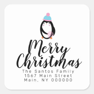 Adesivo Quadrado Endereço Pinguim de Natal Fofo Floco de Neve