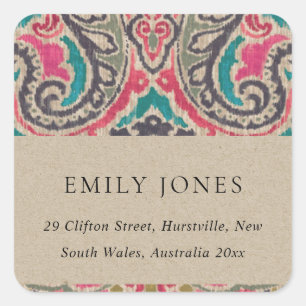 ADESIVO QUADRADO ENDEREÇO TEAL TRIBAL DO IKAT PINK DA KRAFT BOHO RU