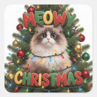 Adesivo Quadrado Enfeite de Natal de Gato Engraçado Alegria de Féri