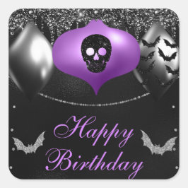 Adesivo Quadrado Enfeites Assustadores Preto e Roxo Feliz Aniversár